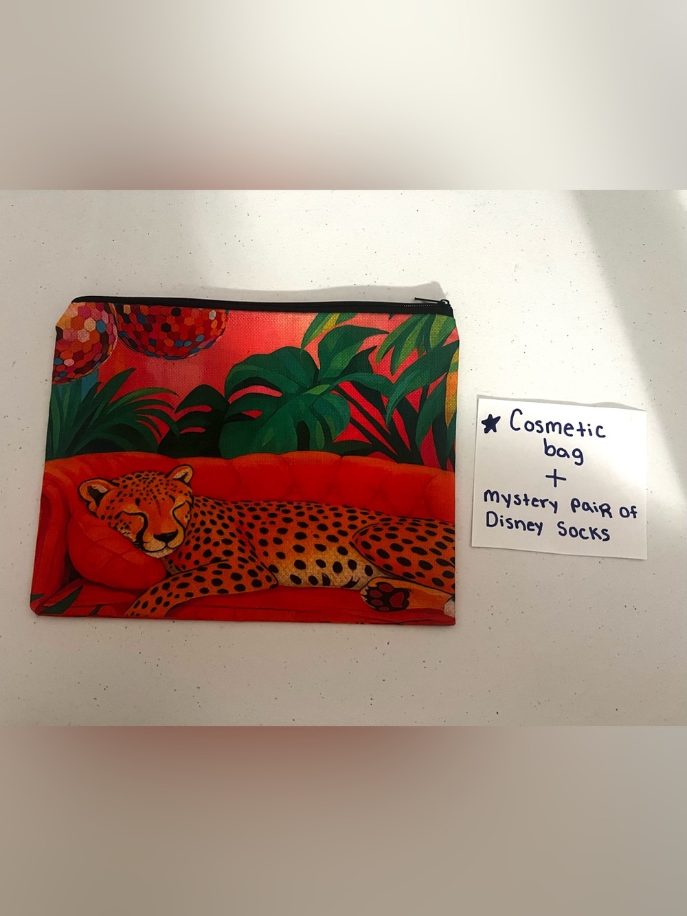 Leopard Print Cosmetic Bag + Mystery Disney Socks